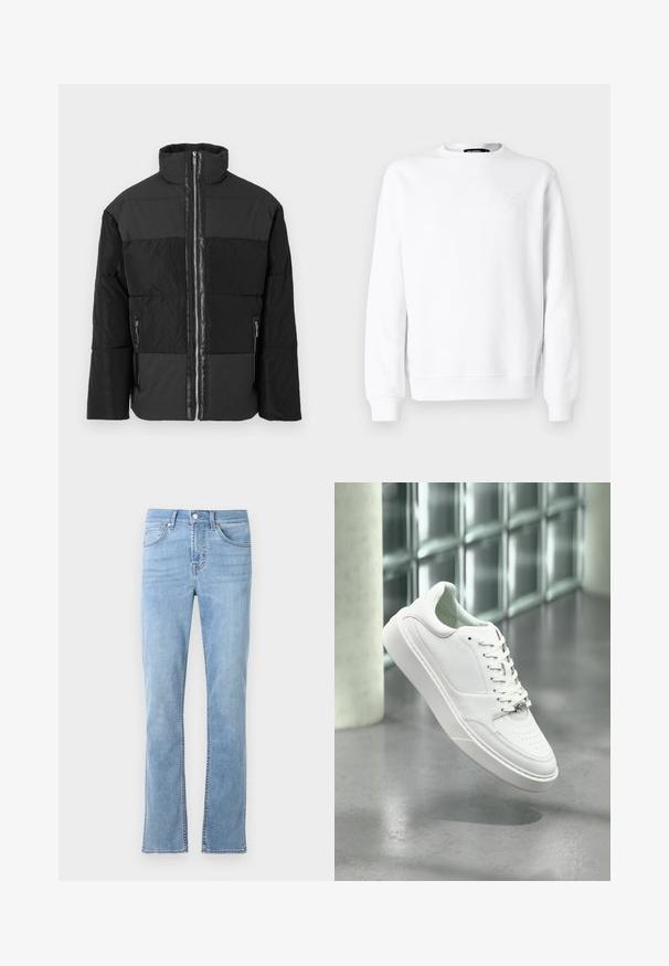 Schwarze Pufferjacke mit kontrastierenden matten und glänzenden Panels, hohem Kragen und zwei seitlichen Reißverschlusstaschen. Langer Reißverschluss vorne.; Weißes Sweatshirt mit Rundhalsausschnitt, langen Ärmeln, gerippten Bündchen und Saum. Besitzt dezente Prägungen auf der Brust. Glatte Textur.; Helle blaue, gerade geschnittene Jeans aus Baumwoll-Denim. Verfügt über fünf Taschen, einen frontalen Knopfverschluss und dezente Steppdetails.; Weißer Ledersneaker mit abgerundeter Spitze, Schnürverschluss und flacher Gummisohle. Verfügt über perforierte Details und dezentes Logo-Akzent.