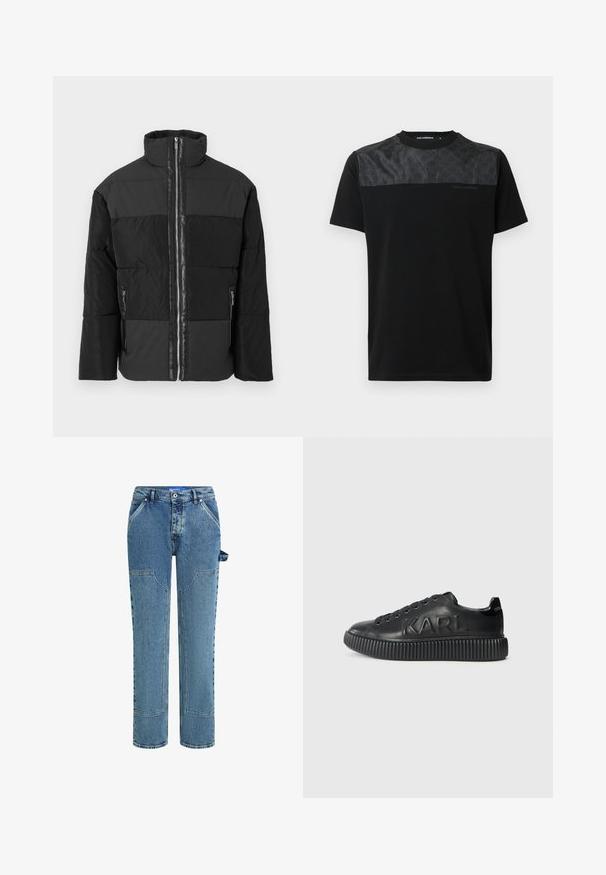 Sort pufferjakke med kontrasterende matte og blanke paneler, høj krave og to lynlåsede sidelommer. Lynlås foran i fuld længde.; Sort T-shirt med korte ærmer, der har et struktureret gråt panel på øverste front, detaljeret logo og rund hals.; Blå denimjeans med et lige ben-design, der har kontrastfyldte lapper, to forlommer og en synlig løkke-detalje på siden.; Sorte sneakers lavet af glat læder, med en tyk ribbet sål og prægede brandnavn. Klassisk snørelukning med runde øjer.