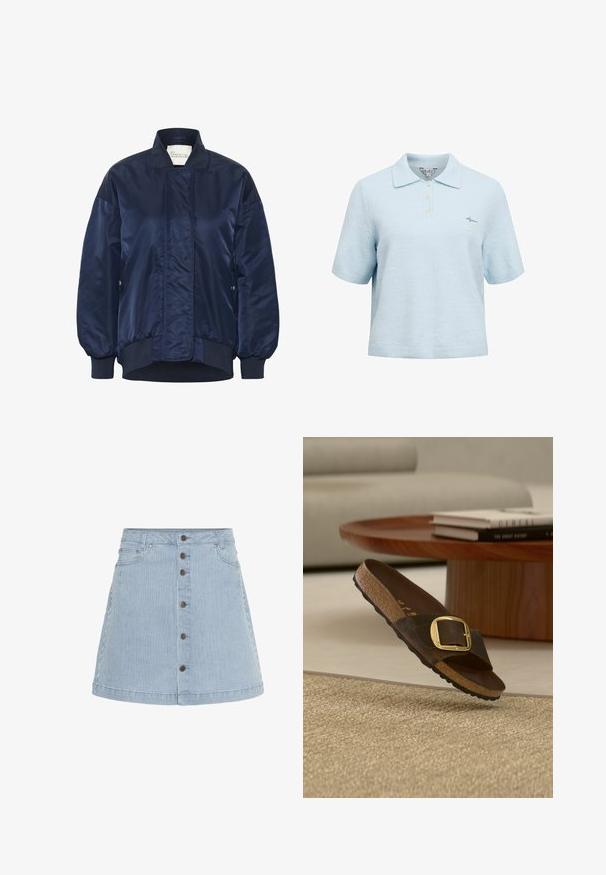 Marine bomberjakke, skinnende stof, ribbede manchetter og kant, frontknaplukning, sidelommer, quilted detaljer på kroppen.; Lyseblå kortærmet polo-shirt med en tekstureret stof, krave, tre-knaps åbning og lille broderet detalje på forsiden.; Lysblå denimnederdel med hvide striber. Har knaplukning foran, to sidelommer og en udvidet kant.; Brun ruskindslæder sandal med stor guldbeklædning, fotseng af kork og sort sål mod en beige tæppe og et træ sofabord i baggrunden.