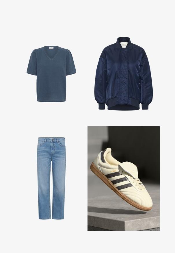 Veste bombardier navy, tissu brillant, poignets et ourlet côtelés, fermeture à pression sur le devant, poches latérales, détails matelassés sur le corps.; Kaffe KAMAI - T-shirt imprimé - ensign blue; Jean droit bleu clair avec bouton et fermeture éclair à l'avant, passants de ceinture et poches avant.; Baskets en cuir crème avec trois bandes sombres, une semelle extérieure en gomme marron et un bout arrondi. Présentent une languette pliable étiquetée "SAMBA."