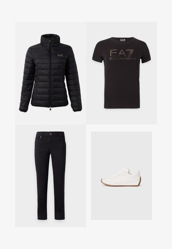 Sort polstret jakke med høj krave, lynlåslukning, horisontalt quiltet mønster og et guld logo på brystet. Accentueret med guld hardware.; Sort T-shirt med korte ærmer med guldt EA7 Emporio Armani logo centreret på brystet mod en hvid baggrund.; Sorte bomuldsbukser med lige ben-design, der har forlommer og en knaplukning i taljen. Glat tekstur uden mønstre.; Hvide sneakers med glat læderoverdel, tekstureret gummisål, rund tå og diskrete syninger. Kontrastfarvet brun gummisål.