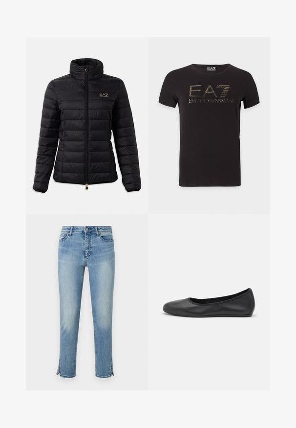 Veste rembourrée noire, dotée d'un col haut, d'une fermeture éclair, d'un motif matelassé horizontal et d'un logo doré sur la poitrine. Accentuée par des accessoires en or.; T-shirt noir à manches courtes avec logo doré EA7 Emporio Armani centré sur la poitrine sur fond blanc.; Jean en denim bleu clair délavé avec bouton à l'avant, poches et fentes aux chevilles des deux côtés, présenté sur fond blanc.; Ballerines en cuir noir avec un bout rond, texture lisse, détails de couture minimalistes et design de semelle flexible.