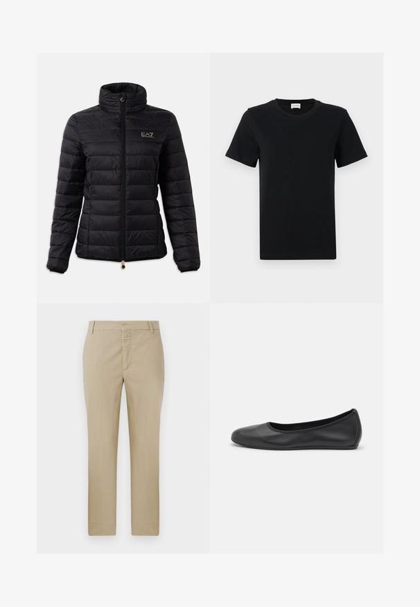 Chaqueta acolchada negra, con un alto cuello, cierre de cremallera, patrón de acolchado horizontal y un logo dorado en el pecho. Acentuada con detalles en dorado.; Camiseta de algodón negra de manga corta con cuello redondo, que presenta un sutil detalle de logo en la parte inferior delantera y un dobladillo recto.; Pantalones beige de corte recto, confeccionados en una tela lisa. Cuentan con una cremallera en la bragueta y passantes para cinturón; con costuras mínimas y sin patrones visibles.; Bailarina de piel negra con punta redondeada, textura suave, detalle de costura minimalista y diseño de suela flexible.