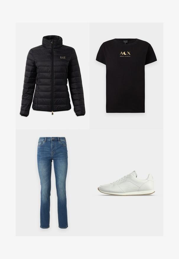 Sort polstret jakke med høj krave, lynlåslukning, horisontalt quiltet mønster og et guld logo på brystet. Accentueret med guld hardware.; Sort bomulds t-shirt med korte ærmer, der har et guld logo design, som inkluderer teksten "ACX" og "ARMANI EXCHANGE".; Mellem-høje, blå denim jeans med lige ben, der har en glat tekstur, subtil falming og klassisk fem-lomme design med knaplukning.; Hvid lavtliggende lædersneaker med snørelukning foran, diskrete syningsdetaljer og beige gummisål på ensartet lys baggrund.