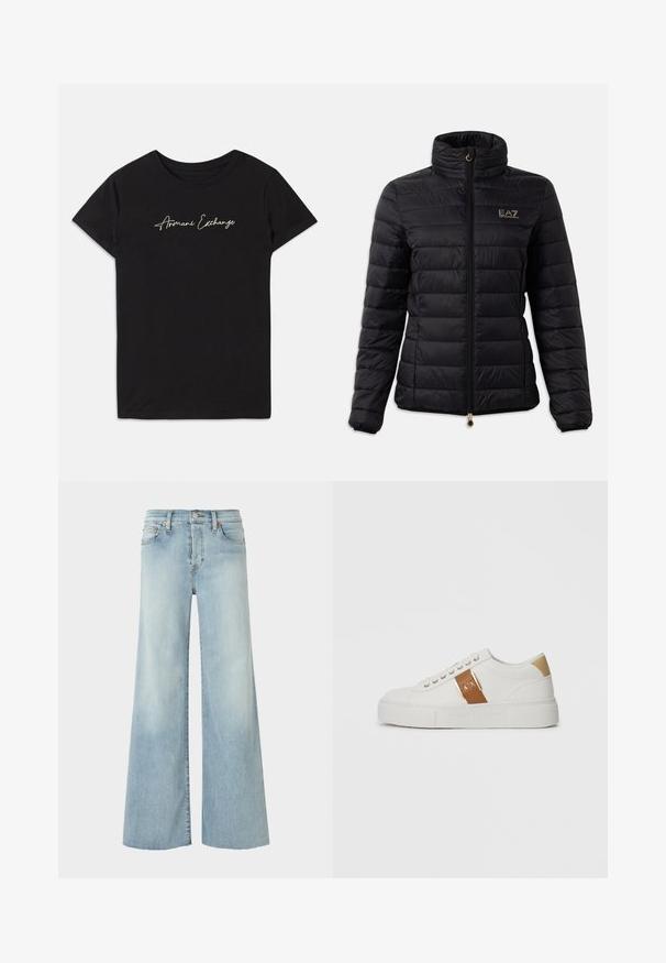 Sort polstret jakke med høj krave, lynlåslukning, horisontalt quiltet mønster og et guld logo på brystet. Accentueret med guld hardware.; Sort bomulds T-shirt med korte ærmer og rund halsudskæring, prydet med et kursiv "Armani Exchange" logo i hvid.; RE/DONE MID RISE PALAZZO - Jeans Relaxed Fit - blue denim; Hvide lavtop sneakers med beige hælpatch, brun læderrem med guldlukning og A|X brand, samt præget Armani Exchange sål.