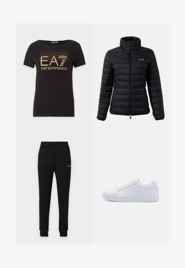 Svart polstret jakke med høy krage, glidelås, horisontalt quiltet mønster og gull-logo på brystet. Utsmykket med gullfarget detaljer.; Svart T-skjorte med korte ermer med gullfarget EA7 Emporio Armani-logo og spredte små gullfargede prikker over teksten foran.; Svarte smale joggebukser med elastisk midjebånd og mansjetter, med en liten gullfarget "Armani Exchange"-logo på høyre lår.; Hvite lær lavtopp sneakers med rund tå, flat gummisåle og logo detaljer på siden. Har seks par hull og teksturerte detaljer.