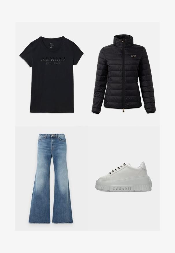 Sort polstret jakke med høj krave, lynlåslukning, horisontalt quiltet mønster og et guld logo på brystet. Accentueret med guld hardware.; Sort kortærmet Armani Exchange t-shirt med rund hals og "ARMANI EXCHANGE" logo i blank, prikket print på brystet.; Blå høj- og vidbenede jeans med falmet front, femlomme-design, bæltestropper og knaplukning mod en hvid baggrund.; Hvid platform-sneaker med sort-hvide snørebånd og tyk sål prydet med "CASADEI"-mærke på ensfarvet baggrund.