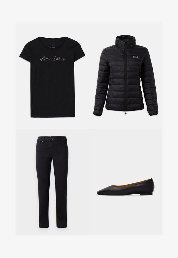 Schwarze gepolsterte Jacke mit hohem Kragen, Reißverschluss, horizontalem Steppmuster und einem goldenen Logo auf der Brust. Mit goldenen Beschlägen akzentuiert.; Schwarzes kurzärmliges T-Shirt aus Baumwolle mit einem Schriftzug-Logo "Armani Exchange" in goldenen Verzierungen über der Brust.; Schwarze Baumwollhosen mit geradem Bein, ausgestattet mit Fronttaschen und einem Knopfverschluss an der Taille. Glatte Textur und ohne Muster.; Schwarzer flacher Schuh aus Leder mit spitz zulaufender Vorderkappe, niedrigem Absatz und glatter Oberfläche, von der Seite vor einem hellgrauen Hintergrund dargestellt.