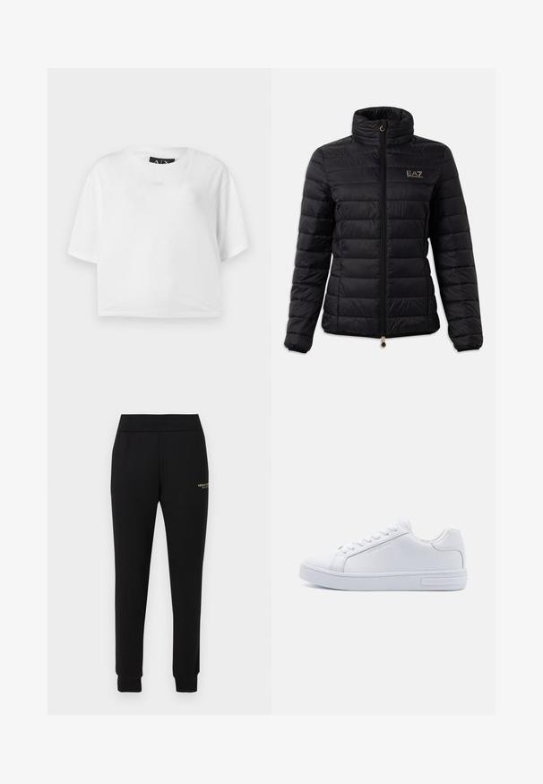Veste rembourrée noire, dotée d'un col haut, d'une fermeture éclair, d'un motif matelassé horizontal et d'un logo doré sur la poitrine. Accentuée par des accessoires en or.; T-shirt blanc court en coton, avec un col rond et des manches courtes. Logo subtilement en relief sur le devant. Texture lisse.; Pantalon de survêtement noir fuselé avec taille et poignets élastiques, présentant un petit logo doré "Armani Exchange" sur la cuisse droite.; Baskets basses en cuir blanc avec bout rond, semelle en caoutchouc plate et détail de logo sur le côté. Comprend six paires d'œillets et des accents texturés.