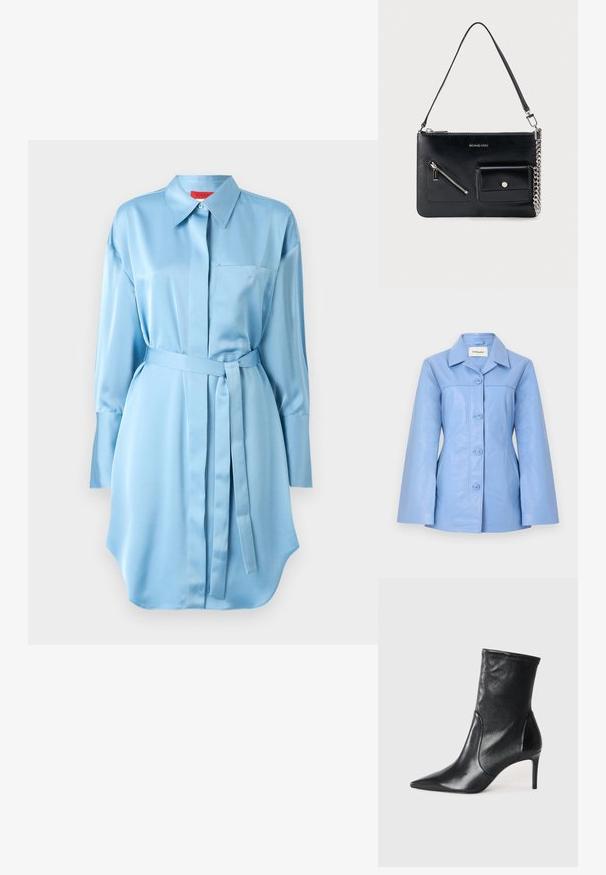 Chaqueta de cuero azul claro con mangas largas, cierre frontal con botones y cuello puntiagudo, diseñada para un ajuste entallado.; Vestido camisero de satén azul claro con cuello, bolsillo en el pecho, mangas largas y un cinturón a juego en la cintura. Diseño de dobladillo curvado.; Botas negras hasta el tobillo hechas de cuero suave, con punta afilada, caña ajustada y tacón alto delgado. Diseño minimalista sin herrajes visibles.; Bolso de hombro de cuero negro de Michael Kors con cremallera superior, bolsillo diagonal en la parte frontal con cremallera, bolsillo con solapa y botón a presión, y detalle de cadena plateada.