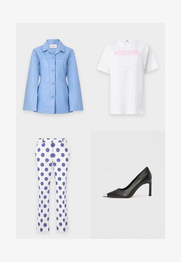 Chaqueta de cuero azul claro con mangas largas, cierre frontal con botones y cuello puntiagudo, diseñada para un ajuste entallado.; Camiseta blanca de algodón con texto rosa "MOSCHINO" en el pecho y texto más pequeño "Milano" debajo, mangas cortas y cuello redondo.; Pantalones blancos con grandes lunares azules, con un diseño de frente plano, dos bolsillos laterales y pernera recta. Textura de tela suave.; Zapato de tacón alto de cuero negro con punta en forma de pico y una tapa metálica plateada. Presenta un acabado suave y un tacón delgado de 10 cm.