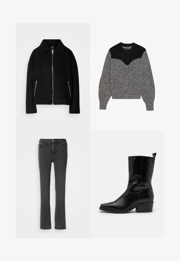 Schwarze Wollmischung Jacke mit Kragen, Reißverschluss vorne und zwei seitlichen Taschen mit silbernen Reißverschlüssen. Lässiger, strukturierter Schnitt mit langen Ärmeln.; Gestrickter Pullover in Schwarz und Grau. Besitzt eine strukturierte schwarze Passe und ein V-förmiges Design. Lange Ärmel mit gerippten Bündchen; weiche, grobe Textur.; Schwarze Denim-Jeans mit geradem Bein, ausgestattet mit Fronttaschen, einem Reißverschluss und dezenten Steppdetails. Der Stoff hat eine leichte Textur.; Schwarze Lederstiefelette mit spitzer Zehe, niedrigem Blockabsatz und genähten Details. Verfügt über seitliche elastische Einsätze für ein leichtes Anziehen.