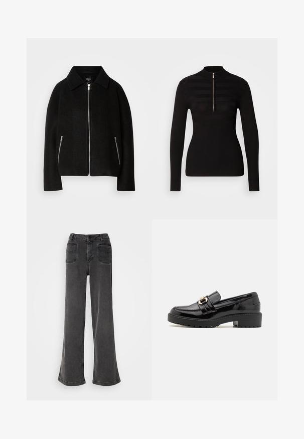Veste en mélange de laine noire avec col, fermeture éclair à l'avant et deux poches latérales avec zips argentés. Coupe décontractée et structurée avec des manches longues.; Pull polo noir à manches longues avec demi-fermeture éclair, présentant des motifs de rayures horizontales et une texture côtelée aux poignets et à l'ourlet.; Jean noir taille haute à jambes larges en denim, avec une fermeture à bouton, des passants de ceinture et deux poches arrière avec des accents cousus.; Mocassins en cuir verni noir avec un petit talon bloc, dotés d'une boucle en métal doré proéminente et d'une semelle texturée crantée.