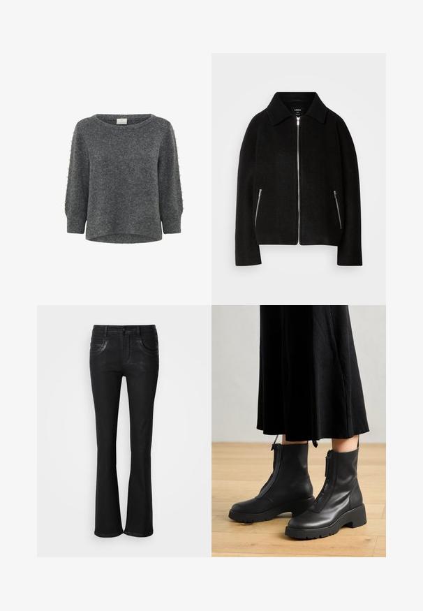Zwarte wollen mix jasje met een kraag, ritssluiting aan de voorkant en twee zijzakken met zilveren ritsen. Casual, gestructureerde pasvorm met lange mouwen.; Kaffe KABETTY - Trui - grey melange; Zwarte uitlopende jeans van denim, met twee voorzakken, een ritssluiting en subtiele stikseldetails langs de naden.; Zwarte leren enkelboots met een chunky platformzool en een rits aan de voorkant. Glad oppervlak met een minimalistisch ontwerp.