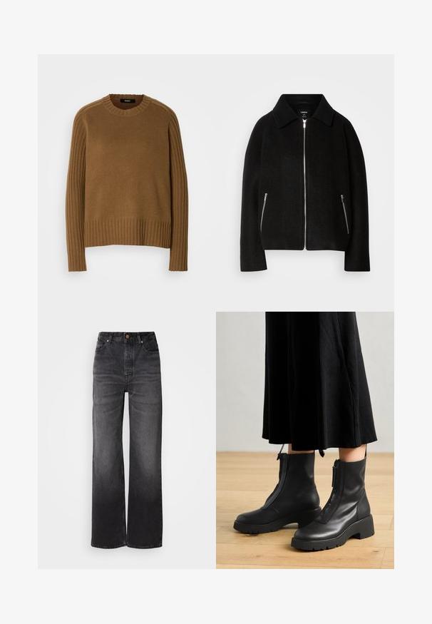 Veste en mélange de laine noire avec col, fermeture éclair à l'avant et deux poches latérales avec zips argentés. Coupe décontractée et structurée avec des manches longues.; Pull en maille marron avec une texture côtelée, encolure ronde et manches longues. Présente des détails côtelés contrastants le long des épaules.; Jeans en denim noir évasés à taille haute, cinq poches, fermeture à bouton et texture légèrement décolorée. Tissu épais avec une coupe structurée.; Bottines en cuir noir avec une semelle plateforme épaisse et une fermeture éclair à l'avant. Texture lisse avec un design minimaliste.