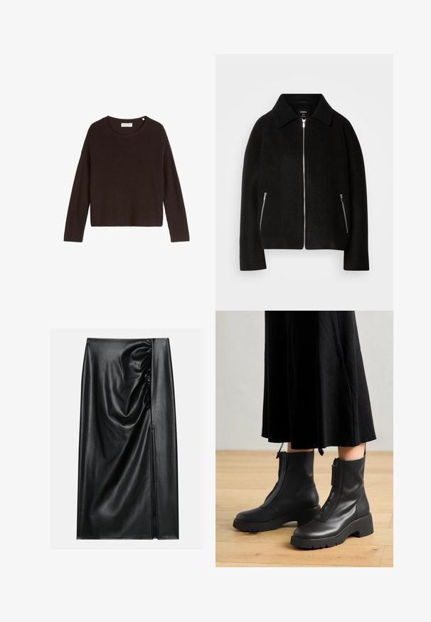 Veste en mélange de laine noire avec col, fermeture éclair à l'avant et deux poches latérales avec zips argentés. Coupe décontractée et structurée avec des manches longues.; Pull en tricot noir à côtes avec un col arrondi et des manches longues. Présente une coupe ample et une surface texturée. Marque : Mare O'Polo.; Jupe en cuir noir avec une texture lisse, présentant une section froncée sur un côté et une fente sur le côté pour un détail supplémentaire.; Bottines en cuir noir avec une semelle plateforme épaisse et une fermeture éclair à l'avant. Texture lisse avec un design minimaliste.