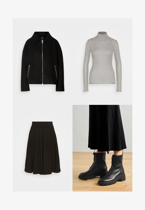 Schwarze Wollmischung Jacke mit Kragen, Reißverschluss vorne und zwei seitlichen Taschen mit silbernen Reißverschlüssen. Lässiger, strukturierter Schnitt mit langen Ärmeln.; Anna Field by Zalando Langarmshirt - beige/black; Schwarz gefaltetem Rock mit einem breiten, elastischen Bund. Hergestellt aus einem weichen Stoff, mit einem knielangen Saum und glatter Textur.; Schwarze Lederstiefeletten mit einer dicken Plattformsohle und einem Reißverschluss vorne. Glatte Textur mit einem minimalistischen Design.