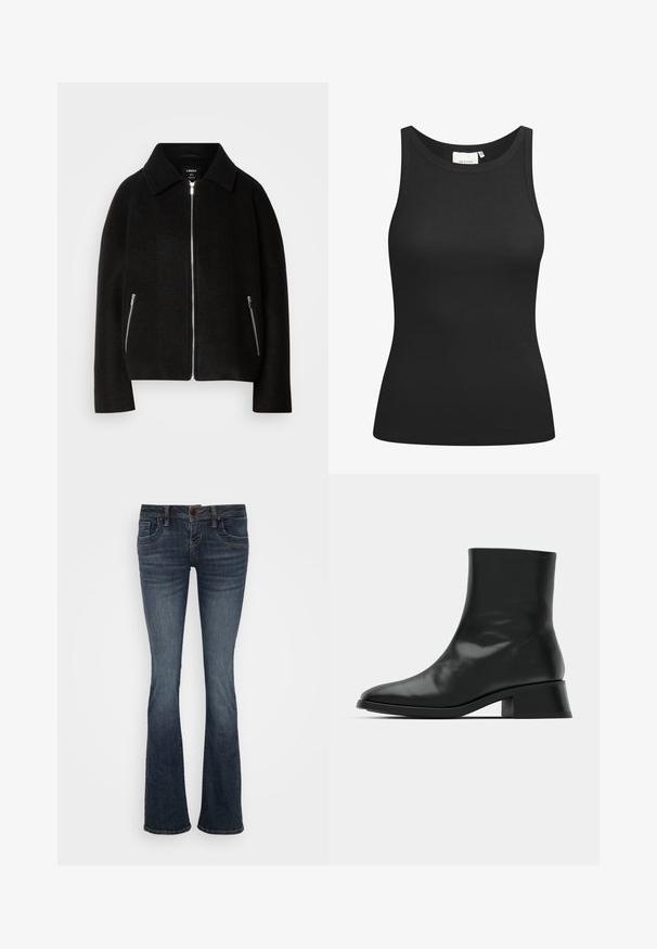 Schwarze Wollmischung Jacke mit Kragen, Reißverschluss vorne und zwei seitlichen Taschen mit silbernen Reißverschlüssen. Lässiger, strukturierter Schnitt mit langen Ärmeln.; Schwarzes Tanktop aus Rippstoff mit Rundhalsausschnitt und figurbetonter Passform. Flache Nähte und keine Verzierungen. Einfaches und elegantes Design.; Dunkelblaue ausgestellte Jeans mit mittelhohem Bund, fünf Taschen und subtilen Stichakzenten. Hergestellt aus Denim mit glatter Textur.; Schwarze Ankle Boots aus glänzendem Leder, mit einem eleganten Design, spitzer Zehenpartie und einem moderaten Blockabsatz für Stabilität.