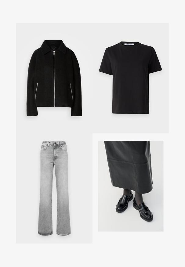 Schwarze Wollmischung Jacke mit Kragen, Reißverschluss vorne und zwei seitlichen Taschen mit silbernen Reißverschlüssen. Lässiger, strukturierter Schnitt mit langen Ärmeln.; Schwarzes T-Shirt mit kurzen Ärmeln aus weicher Baumwolle, mit rundem Ausschnitt, lockerer Passform und glatter Textur. Keine sichtbaren Muster oder Grafiken.; Helle graue, ausgebleichte gerade Jeans mit Fronttaschen, Gürtelschlaufen sowie einem Knopf- und Reißverschluss.; Schwarze Lederloafers mit glatter Oberfläche, verziert mit einem dekorativen Riemen, runder Zehenpartie und texturierten Sohlen. Getragen mit einem langen schwarzen Lederrock.