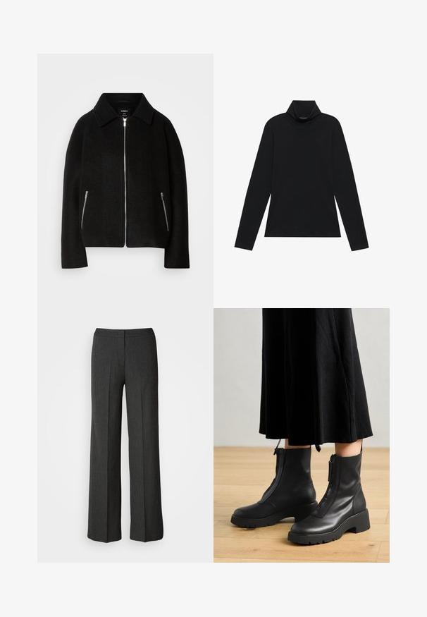 Schwarze Wollmischung Jacke mit Kragen, Reißverschluss vorne und zwei seitlichen Taschen mit silbernen Reißverschlüssen. Lässiger, strukturierter Schnitt mit langen Ärmeln.; Schwarzes langärmeliges Rollkragenshirt. Weicher Stoff, enganliegendes Design, hoher Kragen und seitliche Nähte. Schlichter und vielseitiger Stil, der sich gut für das Layering eignet.; Weite Hose in Dunkelgrau, aus strukturiertem Stoff. Verfügt über einen anliegenden Bund und ein dezentes Nadelstreifenmuster.; Schwarze Lederstiefeletten mit einer dicken Plattformsohle und einem Reißverschluss vorne. Glatte Textur mit einem minimalistischen Design.