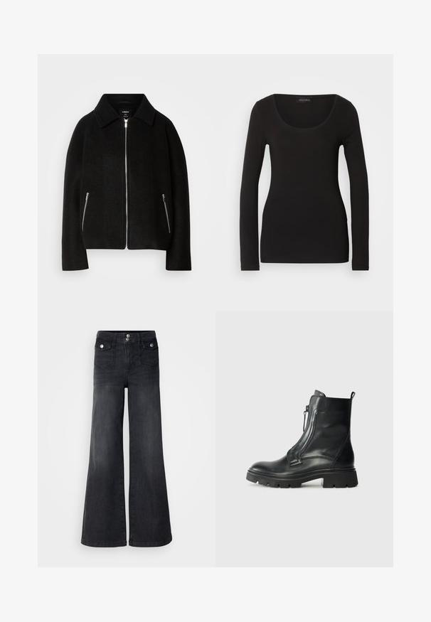 Veste en mélange de laine noire avec col, fermeture éclair à l'avant et deux poches latérales avec zips argentés. Coupe décontractée et structurée avec des manches longues.; Haut noir à manches longues avec un décolleté en U, fabriqué en tissu doux et extensible. Présente une forme ajustée et une texture lisse. Étiquette de marque visible.; Jean large en denim noir avec taille haute, boutons sur le devant et deux poches avant ; texture lisse avec une légère finition décolorée.; Bottine en cuir noir avec une semelle en caoutchouc épaisse, fermeture éclair sur le côté, texture lisse et bout légèrement arrondi. Design minimaliste sans motifs.