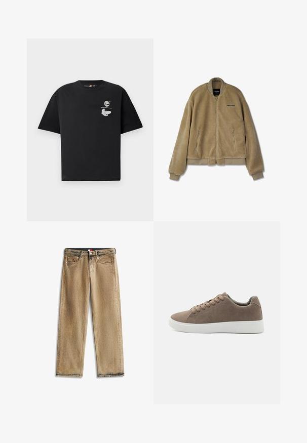 Beige Fleece-Bomberjacke mit Reißverschluss, gerippten Bündchen und Saum. Mit zwei seitlichen Reißverschlusstaschen und "PEGADOR"-Aufdruck auf der Brust.; Schwarzes Baumwoll-T-Shirt mit kurzen Ärmeln, ausgestattet mit einem weißen Logo und grafischem Design auf der Brust. Einfacher, lockerer Schnitt.; Hellbraune Jeans mit geradem Bein, klassischem Fünf-Taschen-Design, Gürtelschlaufen und Knopfverschluss an der Taille.; Braune Wildledersneaker mit flachen weißen Gummisohlen, Schnürdesign, abgerundete Zehen und einer glatten Textur. Minimalistischer Stil mit dezenten Nähdetails.