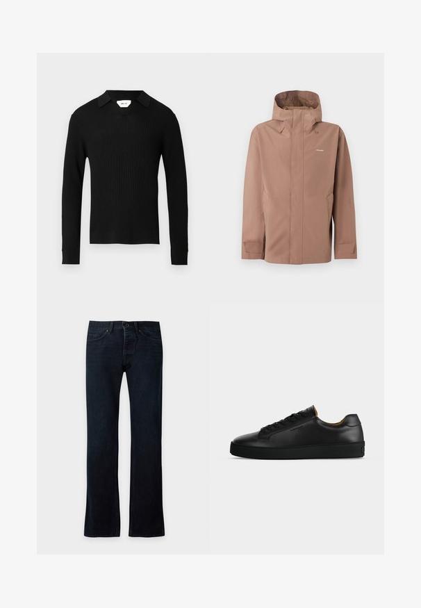 Veste de pluie beige à capuche avec fermeture éclair frontale dissimulée par un rabat, poches latérales, poignets ajustables et logo "Holzweiler" sur la poitrine.; Pull noir à manches longues côtelé avec un col en V et un col. Le tissu présente une finition texturée, mettant en valeur son design élégant.; Jean denim bleu foncé droit avec fermeture bouton et zip à l'avant, poches avant et arrière, présenté à plat sur un fond clair.; Basket basse en cuir noir avec lacets noirs, semelle en caoutchouc texturée et petit logo embossé sur le côté, présenté de profil sur fond gris.