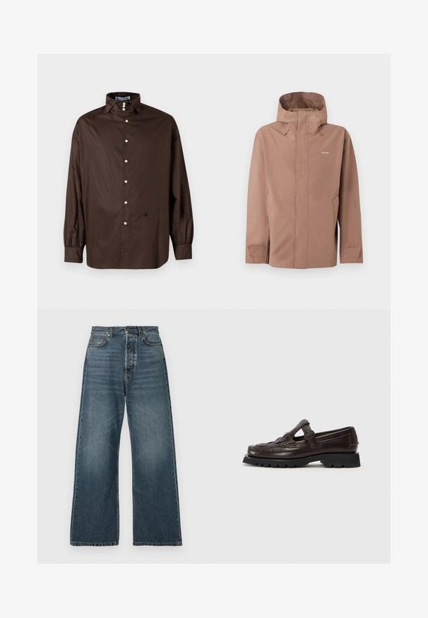 Chaqueta de lluvia beige con capucha, cremallera frontal oculta bajo una solapa, bolsillos laterales, puños ajustables y logo "Holzweiler" en el pecho.; Camisa de manga larga marrón en una tela suave con un cuello clásico, cierre frontal de botones y puños elastizados; presenta un detalle de logo sutil.; Vaqueros de tiro alto y pierna ancha en azul, con bolsillos delanteros, trabillas para cinturón y cierre de botón, fabricados en denim de lavado medio.; Hereu SOLLER - Zapatos sin cordones - dark brown