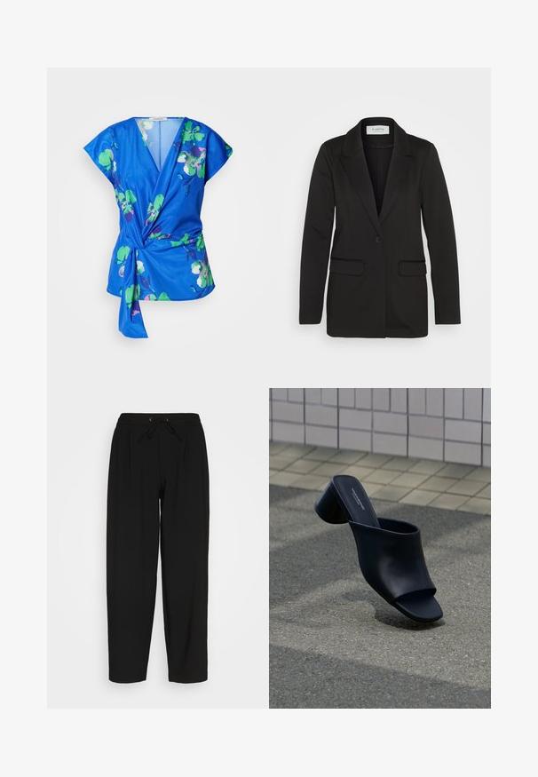 Blazer noir en tissu doux, avec une fermeture à bouton unique, des revers crantés et deux poches avant sans embellissements.; Haut enroulé floral bleu à manches courtes, avec des motifs de fleurs vertes et roses, un décolleté en V profond et un détail de taille nouée. Texture du tissu douce.; Pantalons de sport noirs avec une taille élastique et un cordon de serrage. Présente une coupe décontractée et un design à jambe droite. Tissu doux sans motifs.; Mule en cuir noir à bout ouvert avec talon bloc, positionnée sur l'asphalte près d'une surface carrelée en arrière-plan.