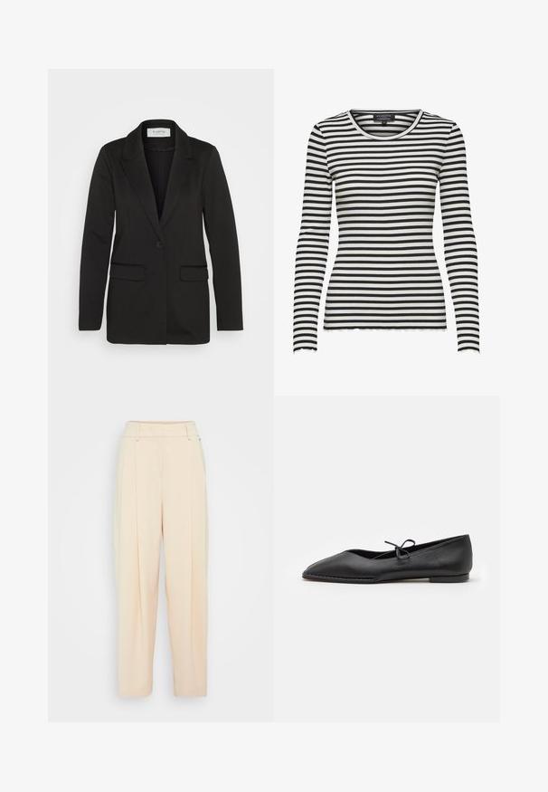 Blazer noir en tissu doux, avec une fermeture à bouton unique, des revers crantés et deux poches avant sans embellissements.; T-shirt à manches longues noir et blanc à rayures horizontales en maille côtelée avec un col rond et des bords festonnés aux poignets et à l'ourlet.; Pantalons larges beige clair à taille haute, dotés de deux poches avant et de faux plis pour plus de détails. Tissu lisse et doux.; ALOHAS SWAY - Ballerines - black