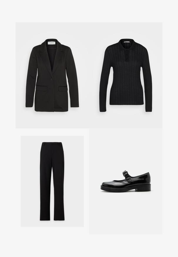 Blazer negro hecho de tela suave, con un cierre de un solo botón, solapas con muesca y dos bolsillos frontales sin adornos.; Anna Field by Zalando Polo - black; Pantalones de vestir negros de corte recto con trabillas para cinturón y sin bolsillos visibles, mostrados sobre un fondo gris claro sencillo.; Zapato Mary Jane de charol negro con punta redondeada, tacón bajo de bloque y una correa ajustable con hebilla sobre el empeine.