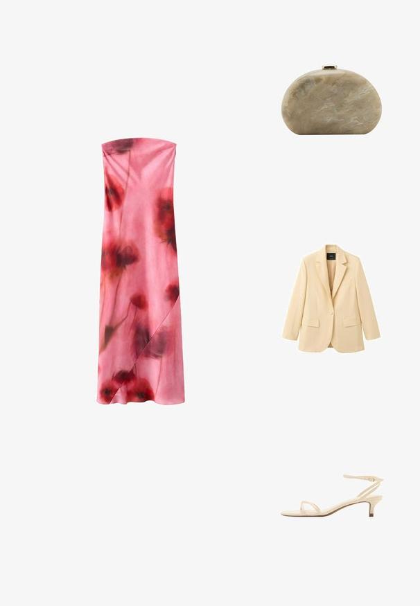 Blazer beige à un seul bouton avec revers crantés, deux poches à rabat avant et une poche poitrine, présenté sur un fond blanc.; Robe maxi rose sans bretelles avec des motifs floraux rouges doux et foncés et un détail subtil façon portefeuille sur la jupe.; Sandale beige à talon bas avec fines brides, bout ouvert et bride à boucle à la cheville sur fond blanc.; Petit sac pochette rigide beige marbré avec une forme arrondie et une fermeture à clip dorée sur le dessus.