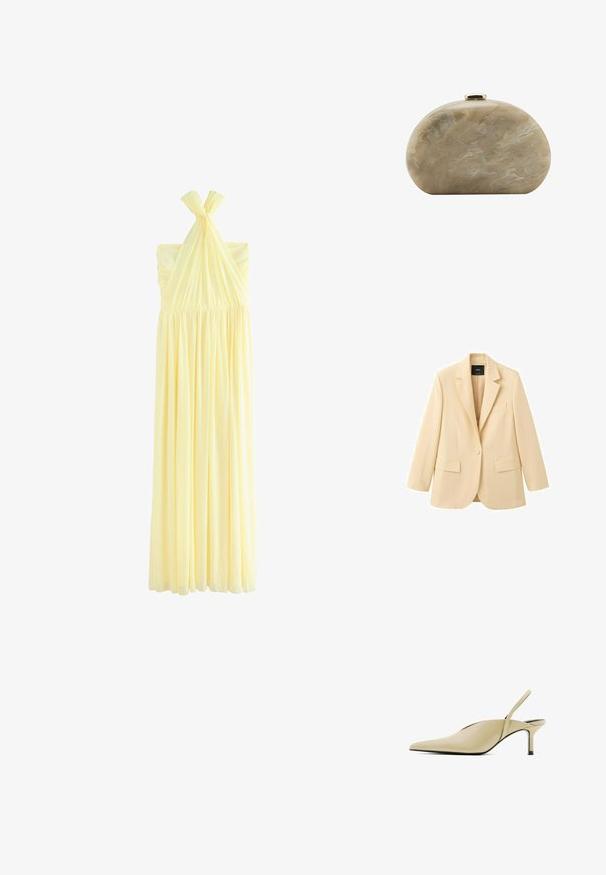 Beiger Ein-Knopf-Blazer mit Kerbkragen, zwei aufgesetzten Taschen vorne und einer Brusttasche, dargestellt auf weißem Hintergrund.; Langes, blassgelbes Neckholder-Kleid mit gerafftem Stoff um die Brust und fließendem plissiertem Rock, auf weißem Hintergrund dargestellt.; Beiger Slingback-Schuh mit spitzer Zehenpartie, niedrigem Stiletto-Absatz und einem dünnen verstellbaren Riemen rund um die Ferse.; Kleine beige marmorierte Hartschalen-Clutch mit abgerundeter Form und goldfarbenem Verschluss oben.