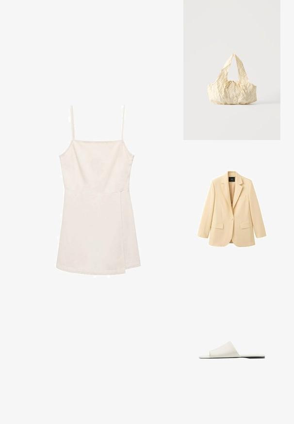 Beige blazer met één knoop, met ingesneden revers, twee klepzakken aan de voorkant en één borstzak, weergegeven op een witte achtergrond.; Lichtbeige mouwloze top met dunne bandjes, met een eenvoudig recht ontwerp en een gladde, licht glanzende textuur. Geen patronen of accenten.; Witte slidesandaal met een brede band en platte zool, gezien van opzij op een witte achtergrond.; Handtas van crèmekleurige gestructureerde stof met bovenhandvatten en een klein geknoopt strikje middenvoor.