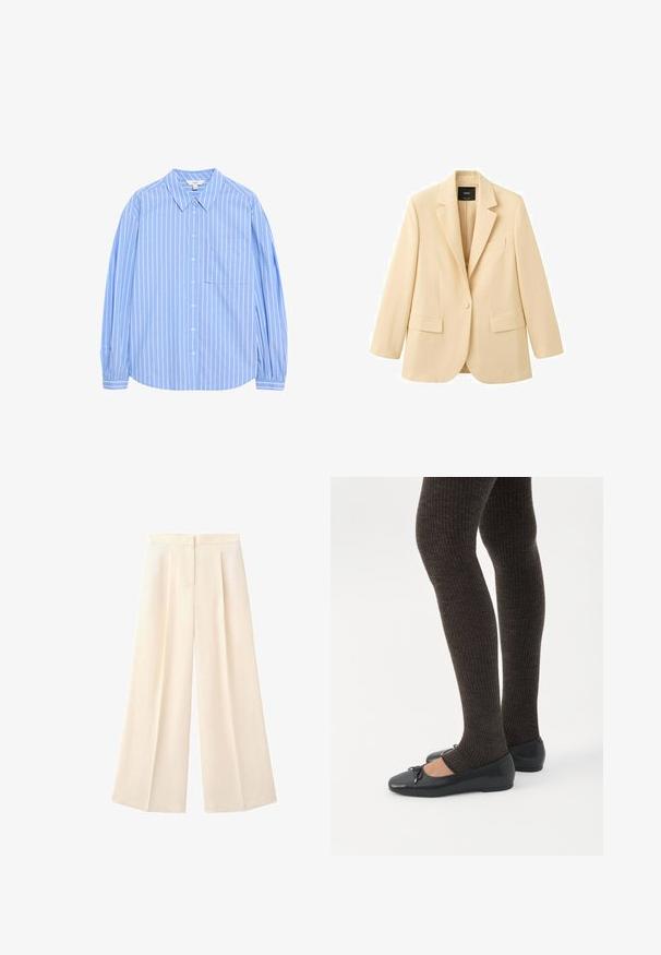 Beige blazer met één knoop, met ingesneden revers, twee klepzakken aan de voorkant en één borstzak, weergegeven op een witte achtergrond.; Lichtblauw overhemd met lange mouwen, knoopsluiting en witte verticale strepen, met een kraagontwerp, een zak op de linkerkant van de borst en gathering bij de mouwen.; Creme kleurige broek met een hoge taille, wijde pijpen, voorplooien en een verborgen knoop- en ritsluiting.; Benen met donkere geribbelde leggings gecombineerd met zwarte ballerina's met kleine strikdetails op een witte achtergrond.