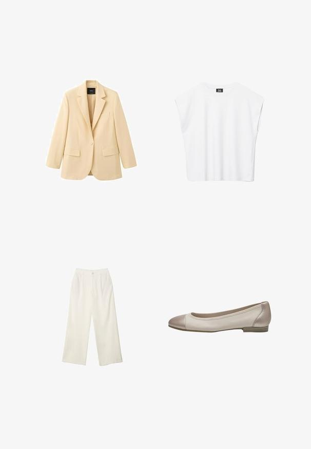 Blazer beige à un seul bouton avec revers crantés, deux poches à rabat avant et une poche poitrine, présenté sur un fond blanc.; Haut court blanc sans manches à encolure ronde avec épaules larges et étiquette noire "B6" à l'intérieur du col.; Pantalons à jambes larges en tissu crème avec une texture lisse, dotés d'un seul bouton à l'avant, de plis subtils et d'un design taille haute.; Ballerines en cuir crème avec un élégant embout beige. Forme arrondie, petit talon et détails de couture subtils le long du bord.