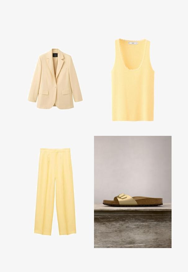 Beige blazer med enkelt knaplukning, hakket revers, to forlommer med klap og en brystlomme, vist på en hvid baggrund.; Gul ribbet ærmeløs tanktop med rund halsudskæring og diskret bølget kant på kanterne.; Lys gul, vidde bukser lavet af glat stof, med en frontfold og to sidelommer, der giver en afslappet pasform.; Gyldne syntetiske slidesandaler med en enkelt rem og spændeaccent, der har en brun korksål og en tekstureret gummisål.