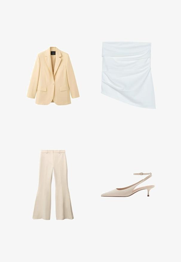 Beige blazer med enkelt knaplukning, hakket revers, to forlommer med klap og en brystlomme, vist på en hvid baggrund.; Hvidt stof mini nederdel med draperet design, som har en blød tekstur og asymmetrisk form, foldet ved taljen for ekstra stil.; Beige, svajende bukser med en glat tekstur, der har flad front, bæltestropper og dybe sideskydninger ved kanten.; Spids-tået beige slingback pump med en slank hæl og justerbar ankelrem. Glat tekstur med minimalistisk design og ingen synlige mønstre.