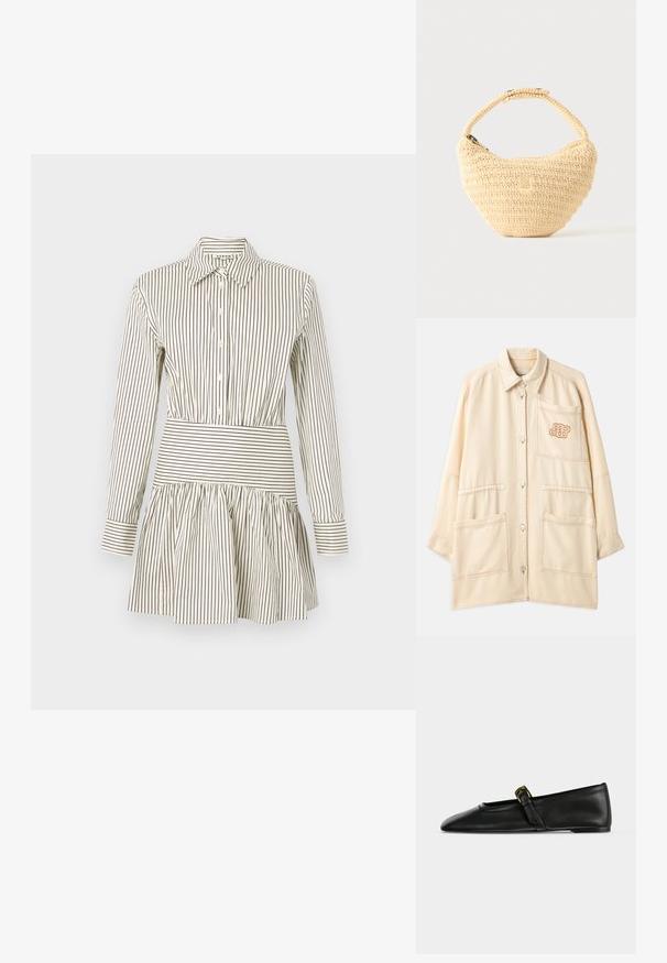 Beige oversized jakke lavet af bomuld med knaplukning, to store forlommer og et broderet logo på brystlommen.; Knap-up kjole med en tætsiddende talje, flagrende nederdel, lange ærmer og smalle brune striber på en cremefarvet baggrund. Har en klassisk krave.; Sort Mary Jane flat sko i læder med spids tå og en tynd rem med et lille guldfarvet spænde, vist fra siden på en ensfarvet baggrund.; Beige vævet håndtaske med afrundet krop, lynlås, og en kort, tyk strop i en enkel, tekstureret hæklestil.