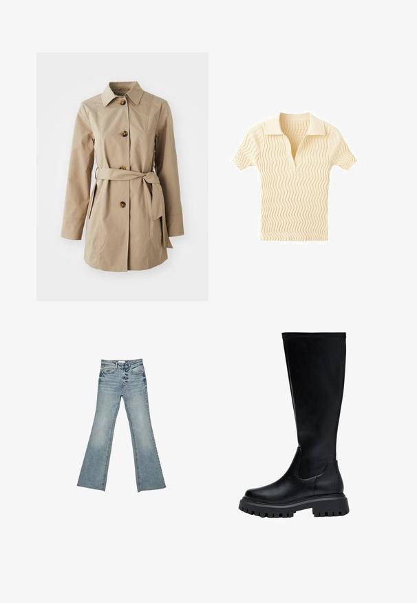 Beige trenchcoat med krave, lange ærmer, tre store knapper, sidelommer og et stofbælte i taljen.; Kortærmet strikbluse i cremet farve med zigzagstruktur og bred krave med dyb V-formet udskæring.; Lyseblå denim flared jeans med en falmet vask, høj talje og frynset kant. Har et klassisk fem-lomme design og metalhardware detaljer.; Støvler i sort læder til knæhøjde med rund tå, elastiske sideskader og en kraftig gummisål med et mønster.