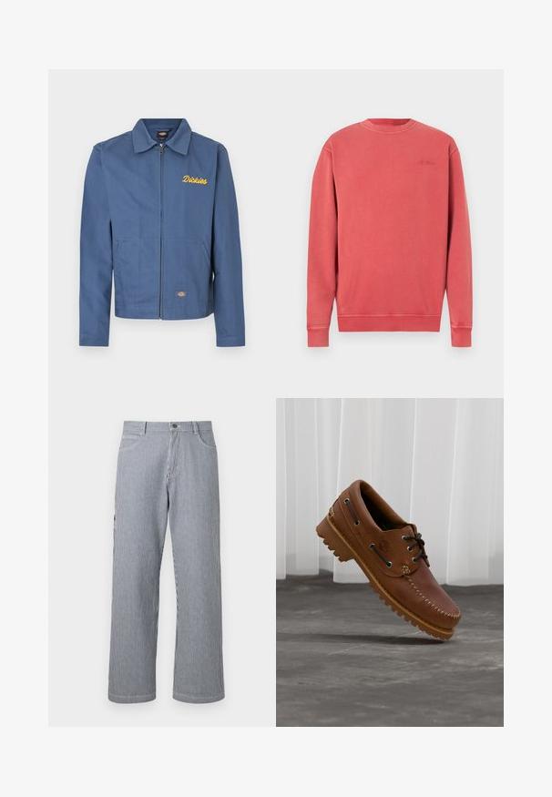Veste zippée bleue en tissu durable, avec un col pointu, des poches latérales et une broderie jaune "Dickies" sur la poitrine.; Sweat-shirt corail chiné, col rond, manches longues, poignets et ourlet côtelés. Présente un logo discret embossé sur la poitrine. Matière douce en mélange de coton.; Pantalon à jambe droite à rayures verticales grises et blanches, avec poches avant et taille à fermeture boutonnée.; Chaussure de bateau en cuir marron avec des lacets noirs, des coutures beiges et une semelle robuste, suspendue au-dessus d'un sol en béton gris.