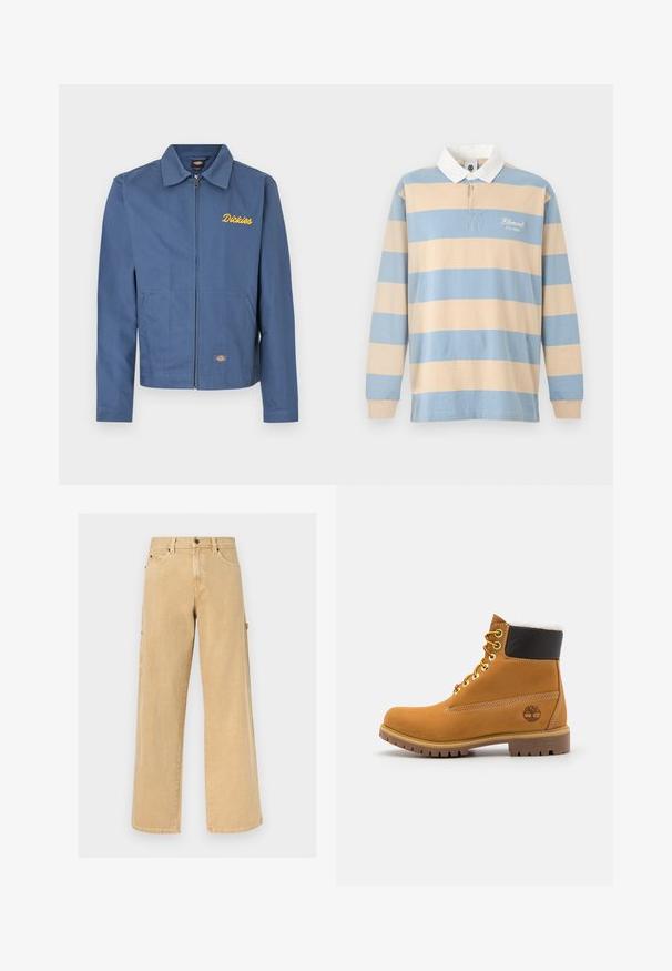 Veste zippée bleue en tissu durable, avec un col pointu, des poches latérales et une broderie jaune "Dickies" sur la poitrine.; Maillot de rugby à manches longues avec larges rayures horizontales beige et bleu clair, col blanc et texte "Element Co. 1992" sur la poitrine.; Pantalon de travail beige à jambes droites avec passants pour ceinture, poches avant et latérales, ainsi qu'une boucle pour marteau sur fond uni.; Bottine en cuir brun avec œillets en métal, doublure en fourrure blanche, col rembourré noir, semelle robuste et logo en relief sur le côté.