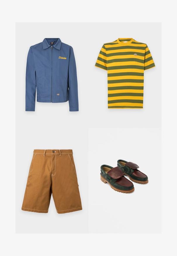 Mėlyna striukė su užtrauktuku, pagaminta iš patvarios medžiagos, su smailėjančiu apykakliu, šoninėmis kišenėmis ir geltonu „Dickies“ siuvinėjimu ant krūtinės.; Trumpomis rankovėmis marškinėliai gelsvai žaliai dryžuoti horizontaliomis juostomis, su apvalia iškirpte ir mažu logotipo detaliu ant krūtinės. Medvilnės medžiaga.; Rudos, iki kelių ilgio šortai su priekinėmis kišenėmis, diržo kilpelėmis, mygtuko užsegimu ir matomu baltu siuvimu ant šviesaus fono.; Odiniai batai, kurių tamsiai žalia viršutinė dalis ir bordo spalvos viršus, apvalūs priekyje, su užsegamu atvartėliu ir tekstūruotu guminės pado paviršiumi su grioveliais.