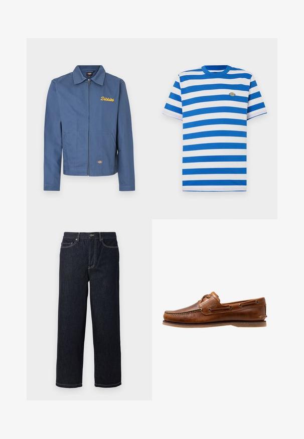 Blauwe jas met rits van duurzaam materiaal, voorzien van een puntkraag, zijkantenzakken en gele "Dickies" borduring op de borst.; T-shirt met korte mouwen met horizontale blauwe en witte strepen, ronde hals, zacht katoenen stof en een klein geborduurd logo op de borst.; Donkerblauwe rechte denim jeans met vijf zakken en witte contraststiksels, knoopsluiting en riemlussen.; Brown leren botenschoen met gestikte accenten, voorzien van metalen oogjes, een verhoogde naad op de neus en een platte rubberen zool.