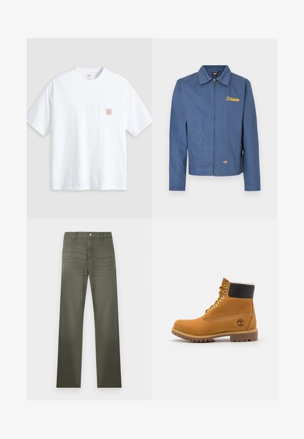 Blå lynlåstrøje lavet af slidstærkt stof, med spids krave, sidelommer og gul "Dickies" brodering på brystet.; Hvid T-shirt med korte ærmer og rund hals med en lille lomme på brystet med en beige og rød rektangulær label.; Olivengrønne bukser med lige ben, bæltestropper, forlommer og knaplukning i taljen.; Brune læder ankelstøvle med metaløjer, hvid pelsforing, sort polstret krave, robust sål og præget logo på siden.