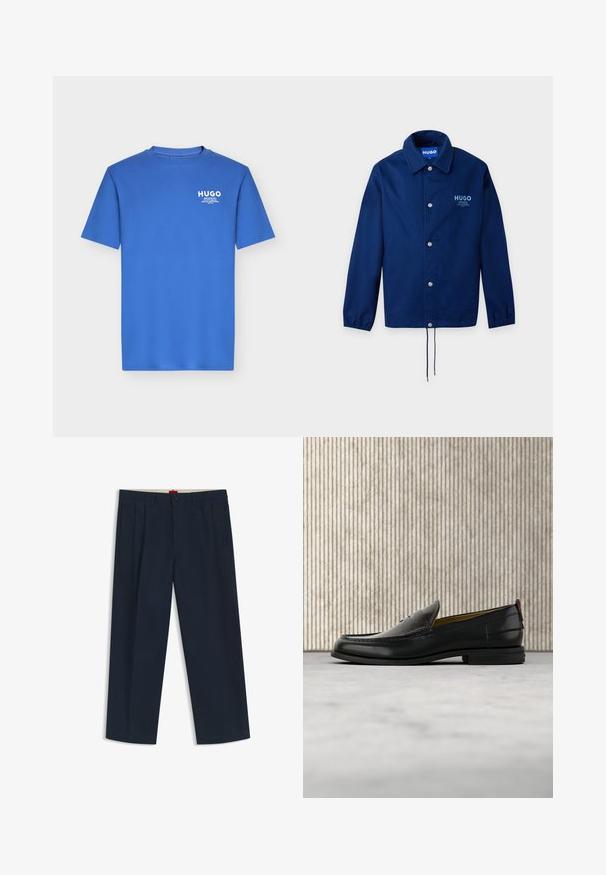 Veste boutonnée bleu marine avec poignets élastiques, ourlet à cordon de serrage et logo blanc HUGO sur la poitrine gauche.; T-shirt bleu à manches courtes et col rond avec petit logo blanc "HUGO" et texte sur la partie supérieure gauche de la poitrine.; Pantalon large bleu marine foncé avec passants pour ceinture, fermeture à bouton et zip à l'avant, et poches latérales, présenté sur fond blanc.; Mocassin pour homme en cuir noir avec un dessus embossé effet croco et un petit talon, présenté de profil sur un fond neutre.