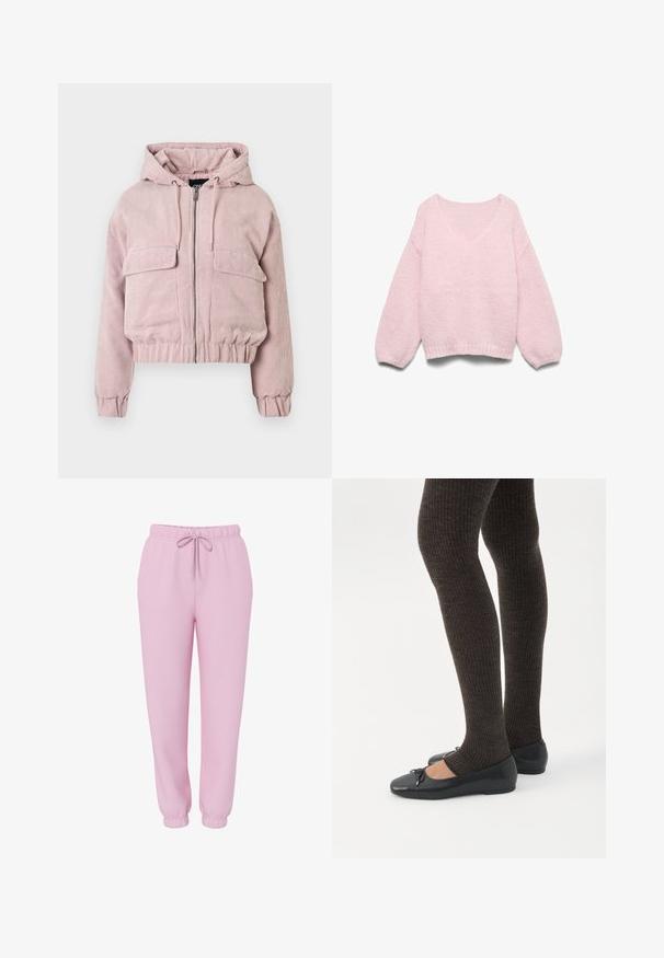 Kort pink fløjlsjakke med hætte, lynlås foran, to brystlommer og ribstrikkede manchetter og kant. Tekstureret overflade med lodrette striber.; Lyserød strikket sweater med lange ballonærmer og bred, rund halsudskæring, vist fladt på en hvid baggrund.; Lyserøde joggers med elastisk linning, snørebånd, sidelommer og elastiske manchetter, vist på hvid baggrund.; Ben iført mørke ribbede leggings kombineret med sorte balletsko med små sløjfedetaljer på hvid baggrund.