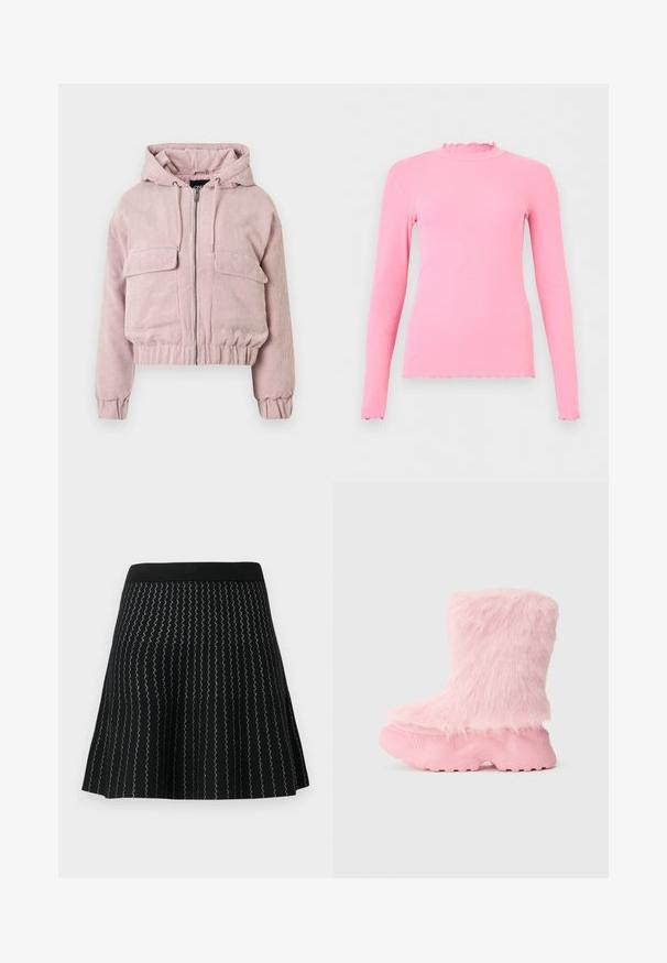Veste courte en velours côtelé rose avec capuche, fermeture éclair à l'avant, deux poches poitrine, poignets et ourlet côtelés. Surface texturée avec des rayures verticales.; Haut rose à manches longues en maille côtelée avec bords volantés au col, aux poignets et à l’ourlet, présenté sur un fond clair uni.; Jupe noire en mailles texturées avec des rayures argentées en zigzag, conçue avec une silhouette évasée et une taille noire solide.; Botte rose épaisse avec une semelle texturée et une douce fausse fourrure moelleuse recouvrant toute la partie supérieure.