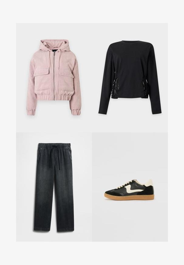 Kurz geschnittene pinke Cordjacke mit Kapuze, Reißverschluss vorne, zwei Brusttaschen sowie gerippten Bündchen und Saum. Strukturierte Oberfläche mit vertikalen Streifen.; Schwarzes Langarm-Top mit rundem Ausschnitt und Schnürdetails auf beiden Seiten mit Spitzeneinsätzen.; Schwarze Jeanshose mit einem elastischen Bund und Kordelzug, weitem Bein und dezentem Used-Effekt. Mit zwei Seitentaschen.; Schwarze Wildleder- und Leder-Sneaker mit einem cremefarbenen Seiten-Swoosh und einer hellcremefarbenen Ferse. Ausgestattet mit beige Schnürsenkeln und einer Gummilaufsohle.