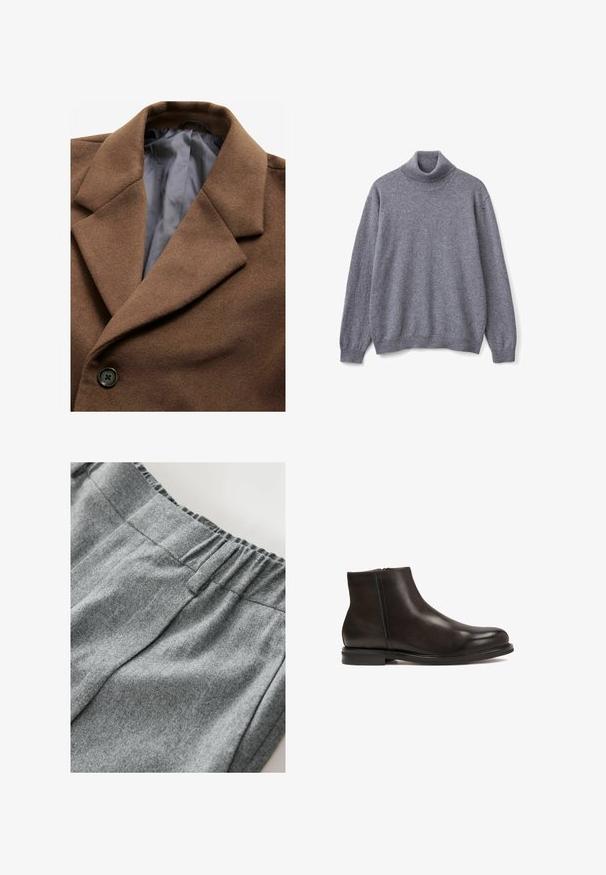 Manteau en laine mélangée marron avec grands revers crantés, fermeture à un bouton et doublure en satin gris. Texture douce avec des détails de finition raffinés.; Pull à col roulé gris en tricot doux ; doté d'un col et de poignets côtelés, de manches longues et d'une coupe décontractée.; Tissu de sweat-shirt gris avec une texture douce, comportant une taille élastique et des détails de couture subtils. Vue en gros plan du matériau.; Bottine en cuir noir avec une texture lisse, bout arrondi et un petit talon. Dispose d'une fermeture éclair sur le côté pour un enfilage facile.